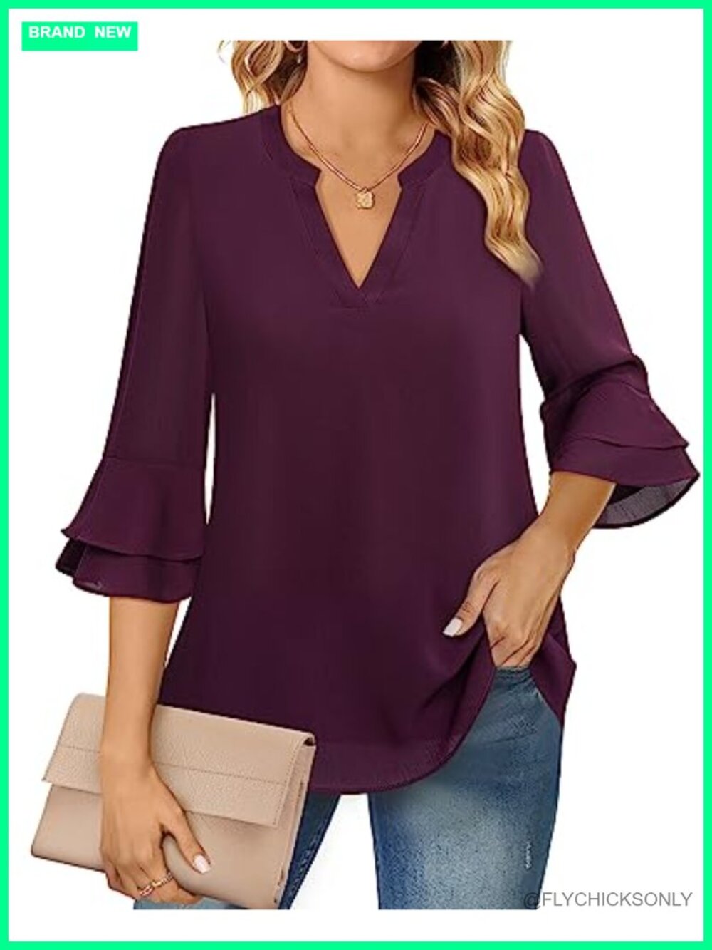 Womens Chiffon Tunic Top 3/4 Bell Sleeve Business Work Blouse